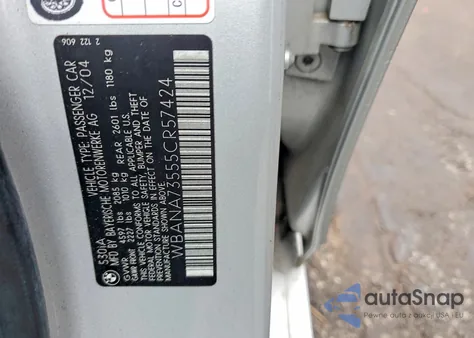 2005 BMW 530 I z USA, uszkodzony, nr VIN WBANA73555CR57424